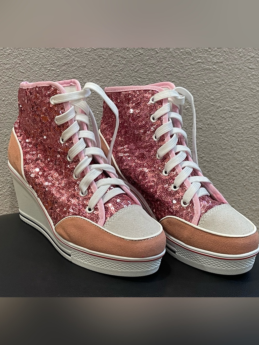 Pink Sequin Wedge High-Top Converse Sneakers Never Worn